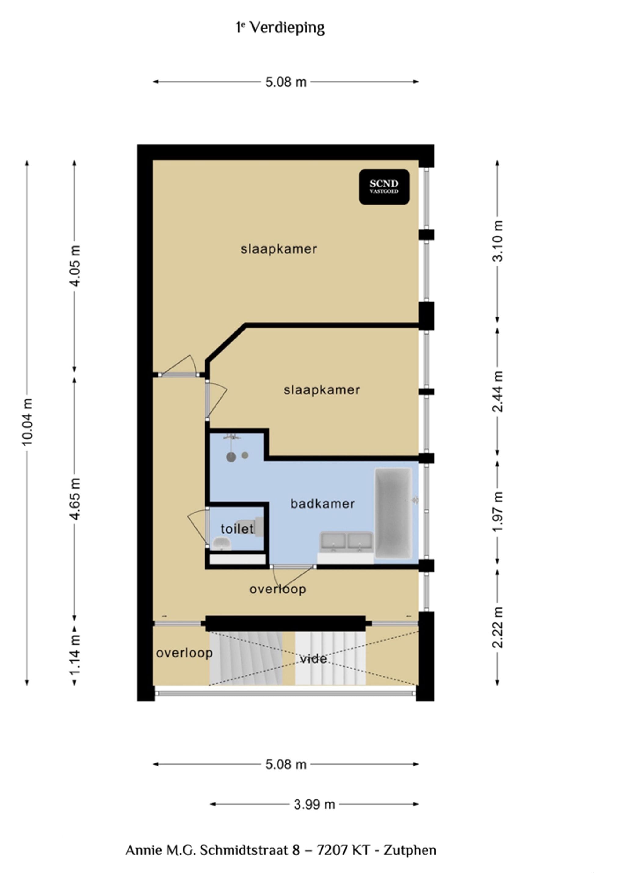Plattegrond 1e verdieping met complete badkamer en separaat toilet en 2 slaapkamers waarvan een met airco uitgevoerd.jpg